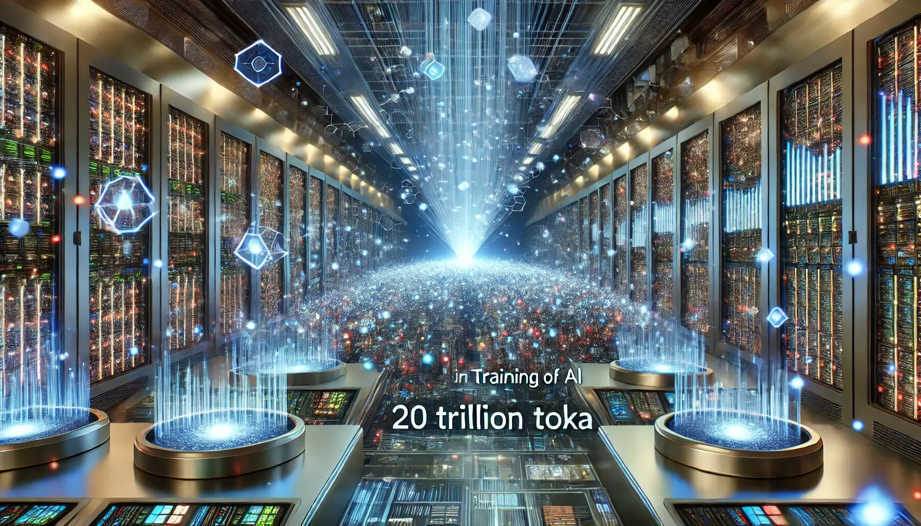 A futuristic data processing center visualizing the training of AI with trillions of data tokens flowing through high-tech servers.