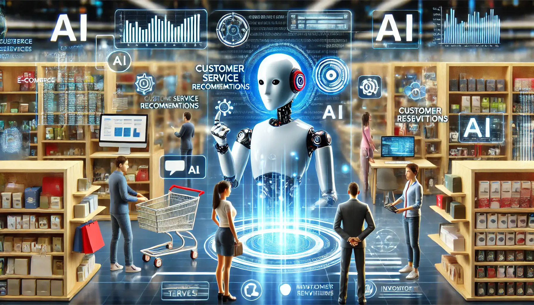 A futuristic e-commerce platform powered by AI, showing customer service bots interacting with shoppers. A virtual assistant provides personalized recommendations, while an AI system analyzes sales trends and manages inventory. The background features advanced digital interfaces and data streams.