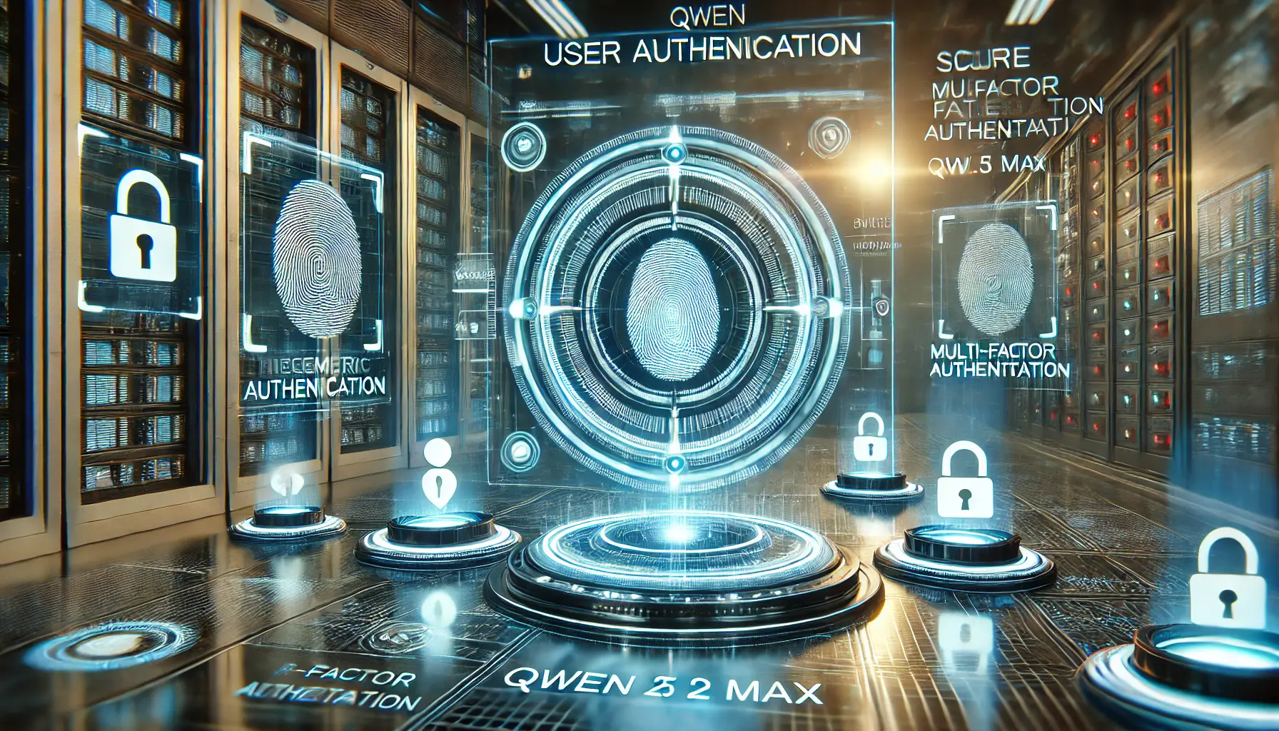 A futuristic digital environment showcasing user authentication processes, including biometric scans and multi-factor authentication.