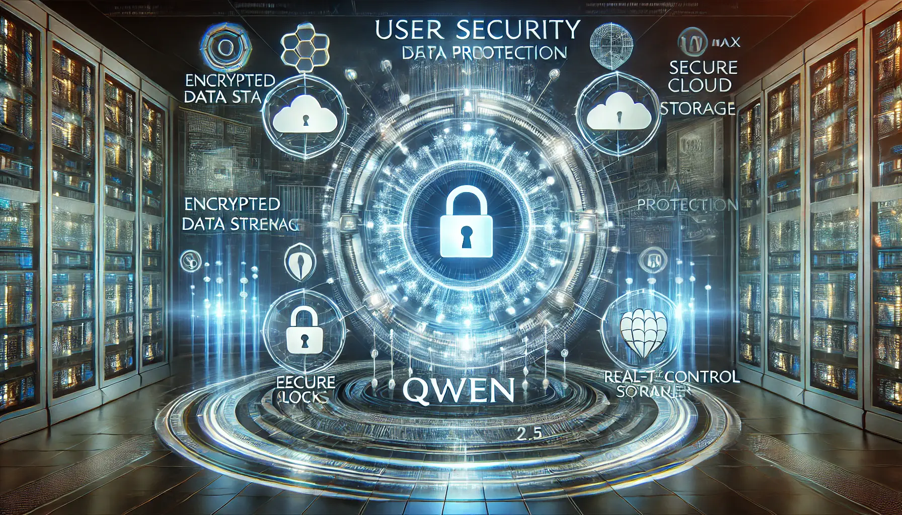 A futuristic digital security visualization with a glowing shield, encrypted data streams, and access control mechanisms ensuring user data protection.