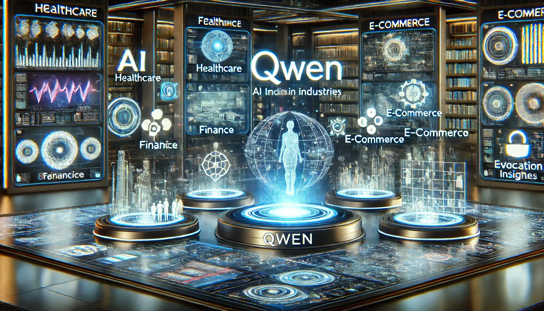 A futuristic AI-driven environment showcasing Qwen's applications in healthcare, finance, e-commerce, and education with real-time data processing and insights.