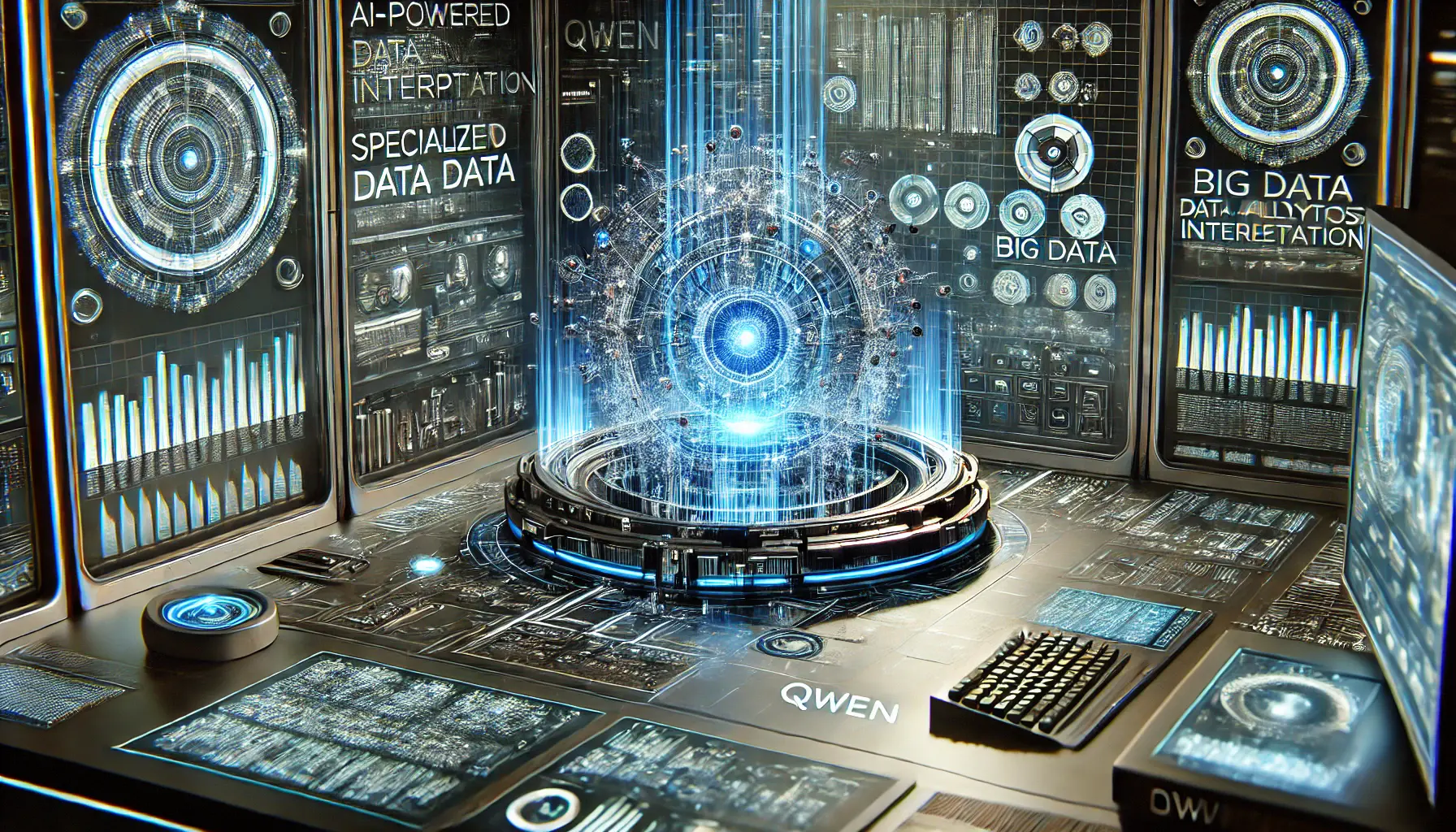 A futuristic AI-powered data analysis center with a massive control panel displaying complex holographic graphs, interconnected data nodes, and real-time analytics.