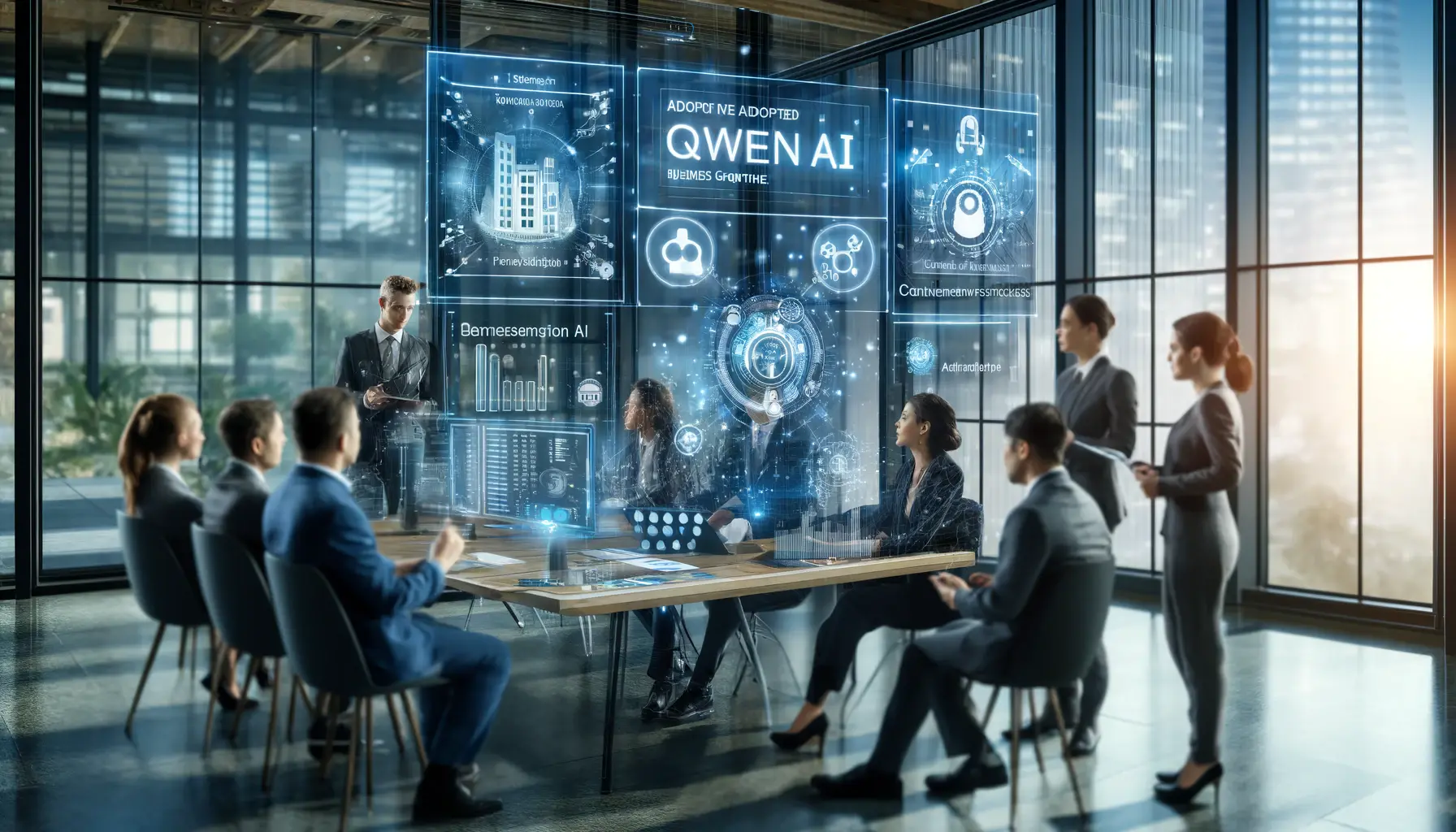 A modern business environment where professionals are discussing the importance of adopting Qwen AI to optimize business operations and decision-making.