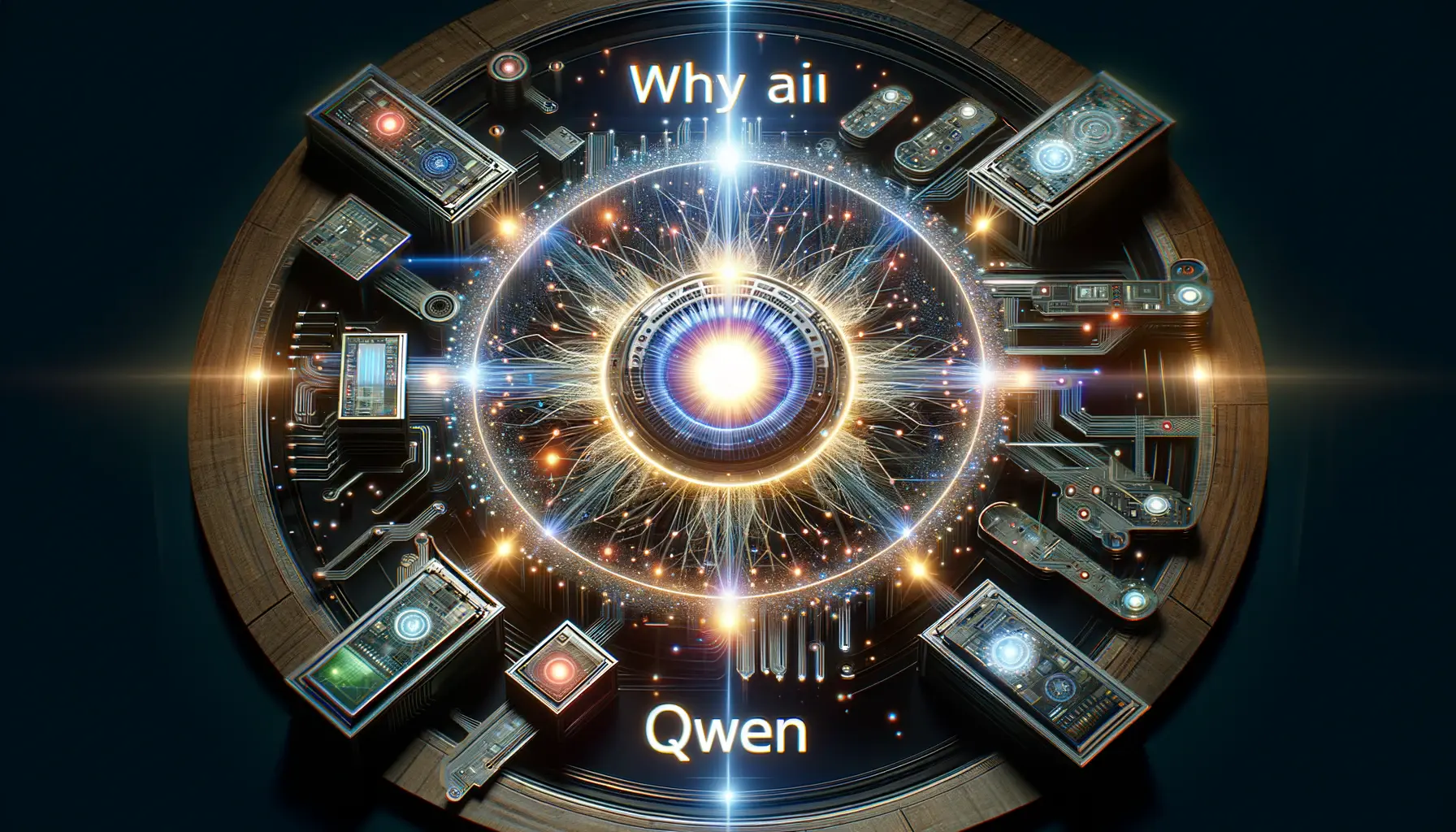 A digital representation of why Qwen dominates the AI landscape, featuring a glowing central AI core surrounded by advanced modules for text, image, and audio processing.