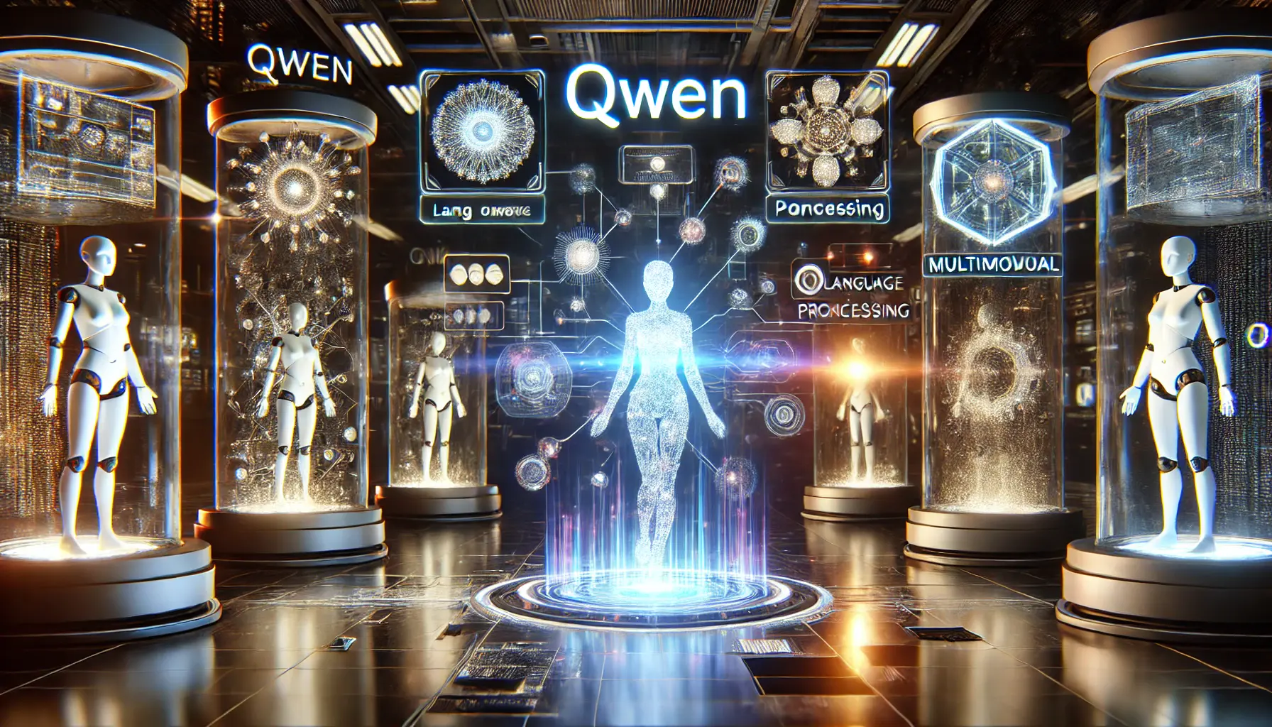 A futuristic scene comparing Qwen to other AI models, with Qwen as a glowing neural network surrounded by other AI models and complex data flows.