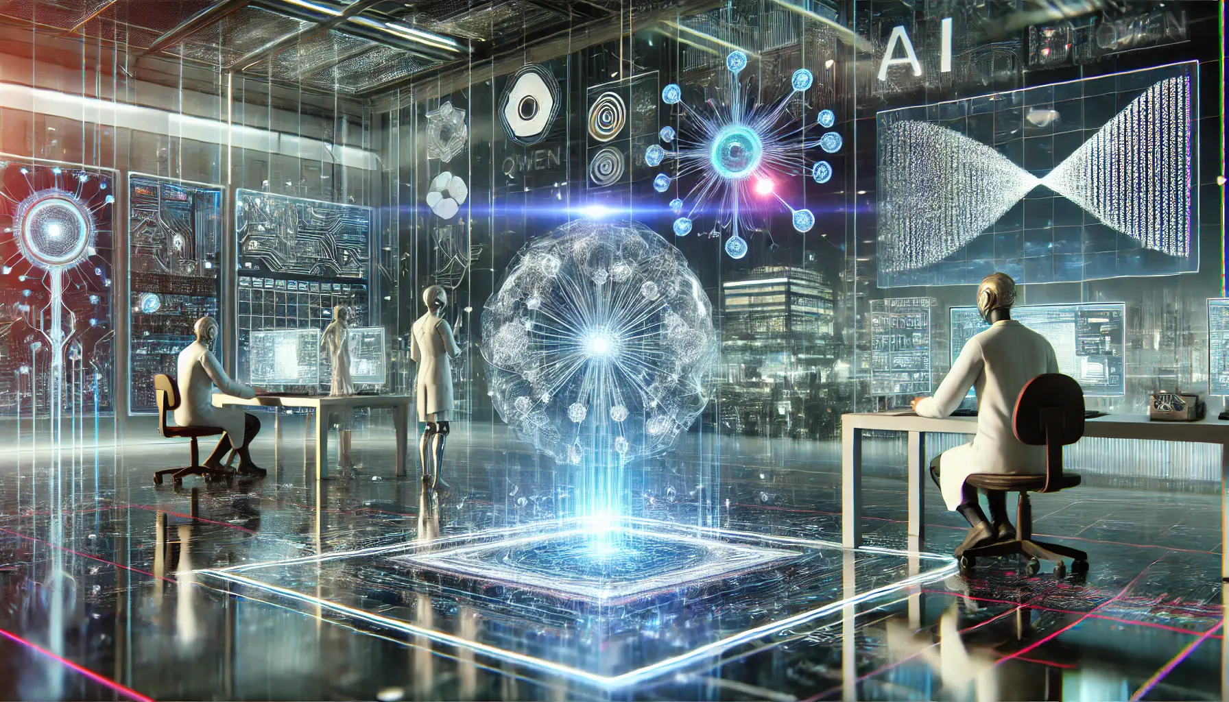 A futuristic AI research lab highlighting the significance of Qwen in AI development. Scientists work on advanced AI models with holographic representations of Qwen's neural networks and algorithms. Digital data flows and a high-tech environment symbolize Qwen's role in advancing AI technology.